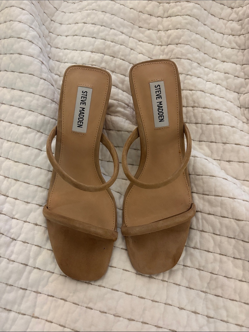 Steve Madden Tan Suede Minimalist Square-Toe Heeled Sandals